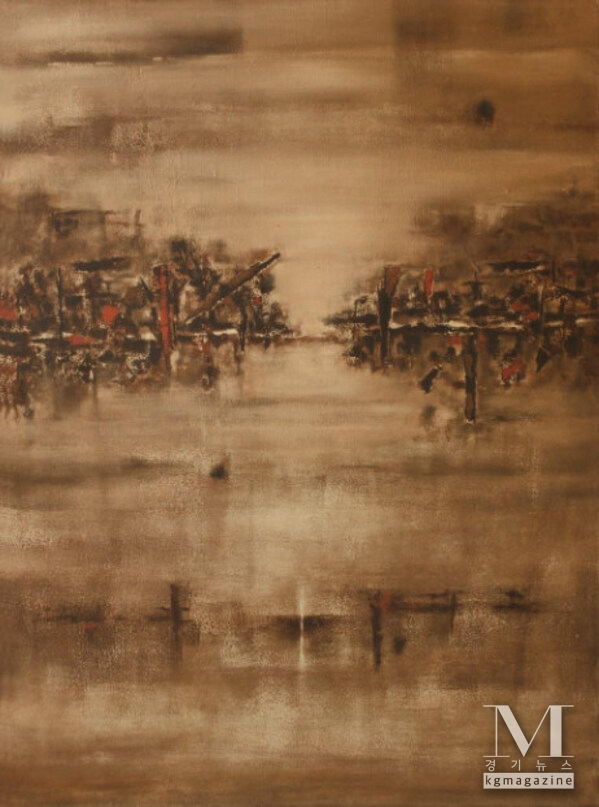 V. S. Gaitonde’s rare abstract masterpiece invites a state of profound meditation, where layered surfaces and silent tonal shifts transcend visual art to become an experience of pure inner stillness.